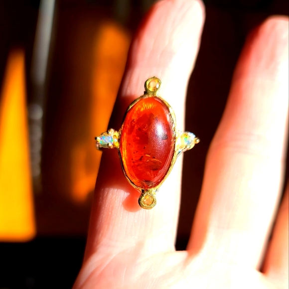 Ancient Amber Opal & Citrine Sterling &Gold ring sz7
